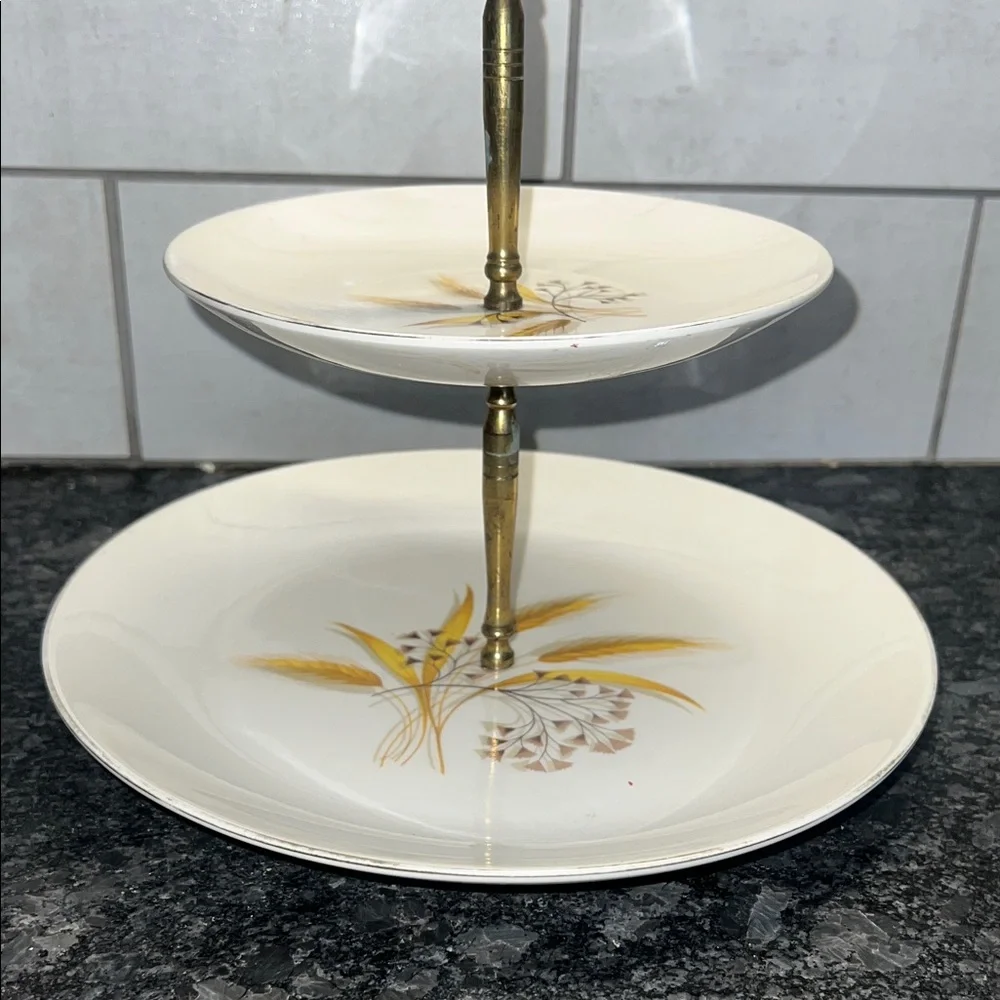 Homer Laughlin Vintage Two-Tiered Golden Wheat pattern Serving Stand